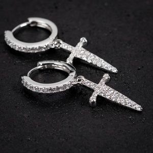 Sterling Silver CZ Iced Small Dagger Sword Cross Dangle Drop Hoop Earrings